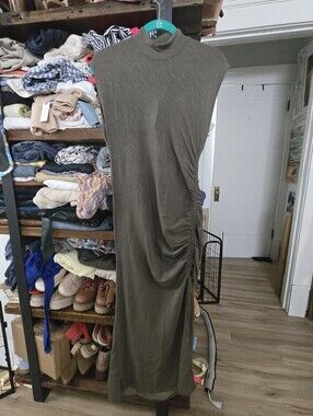 Daily Practice X Anthropologie Sleeveless Olive Midi Dress with Side Ruching